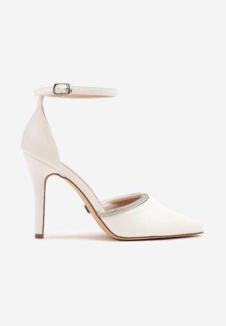 Białe Szpilki Vices z Wkładką ze Skóry Naturalnej i Ozdobnym Cyrkoniowym Paskiem Lizzeth