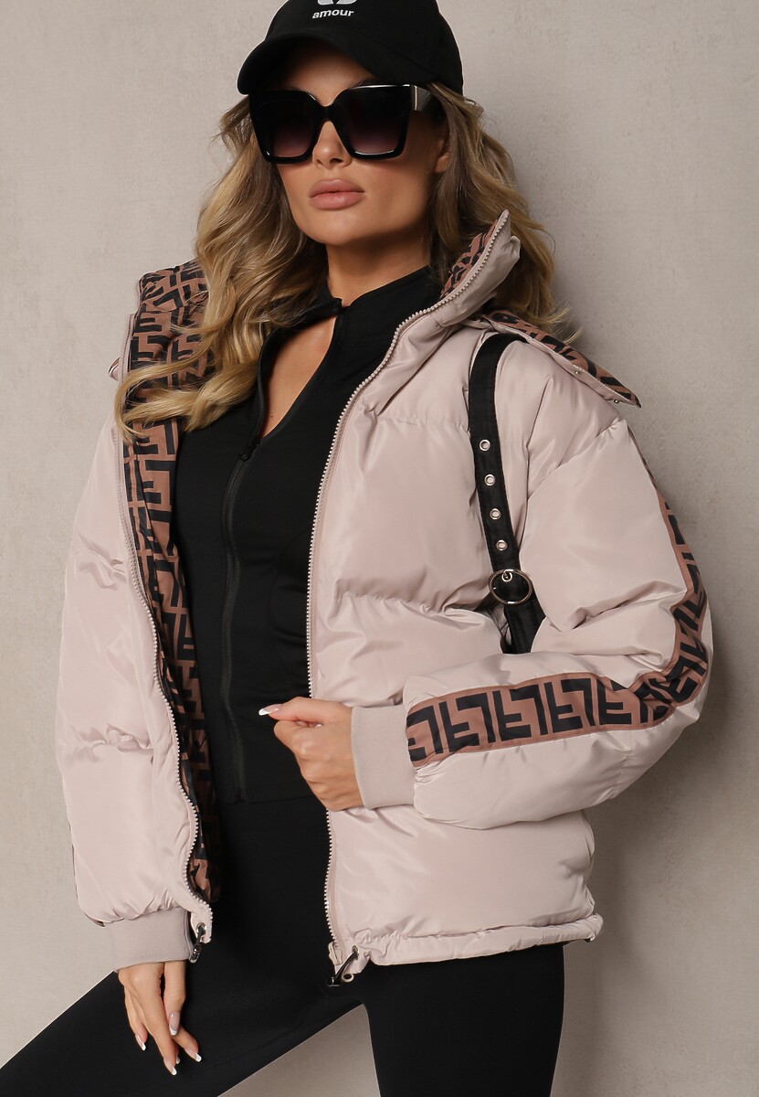 Beżowa Casualowa Kurtka Dwustronna Typu Puffer ze Ściągaczami i Kapturem Erisalanne