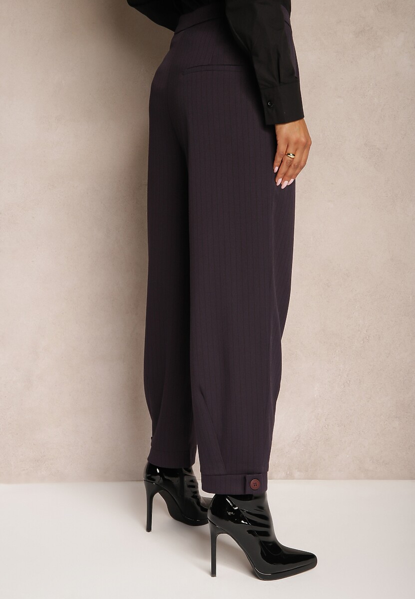 Fioletowe Garniturowe Spodnie o Szerokich Nogawkach Lekko Prążkowane High Waist Belbanne