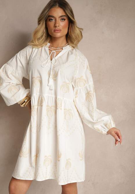 Biała Sukienka z Bawełny Ozdobiona Wiązaniem i Wzorem w Palmy Evialissae