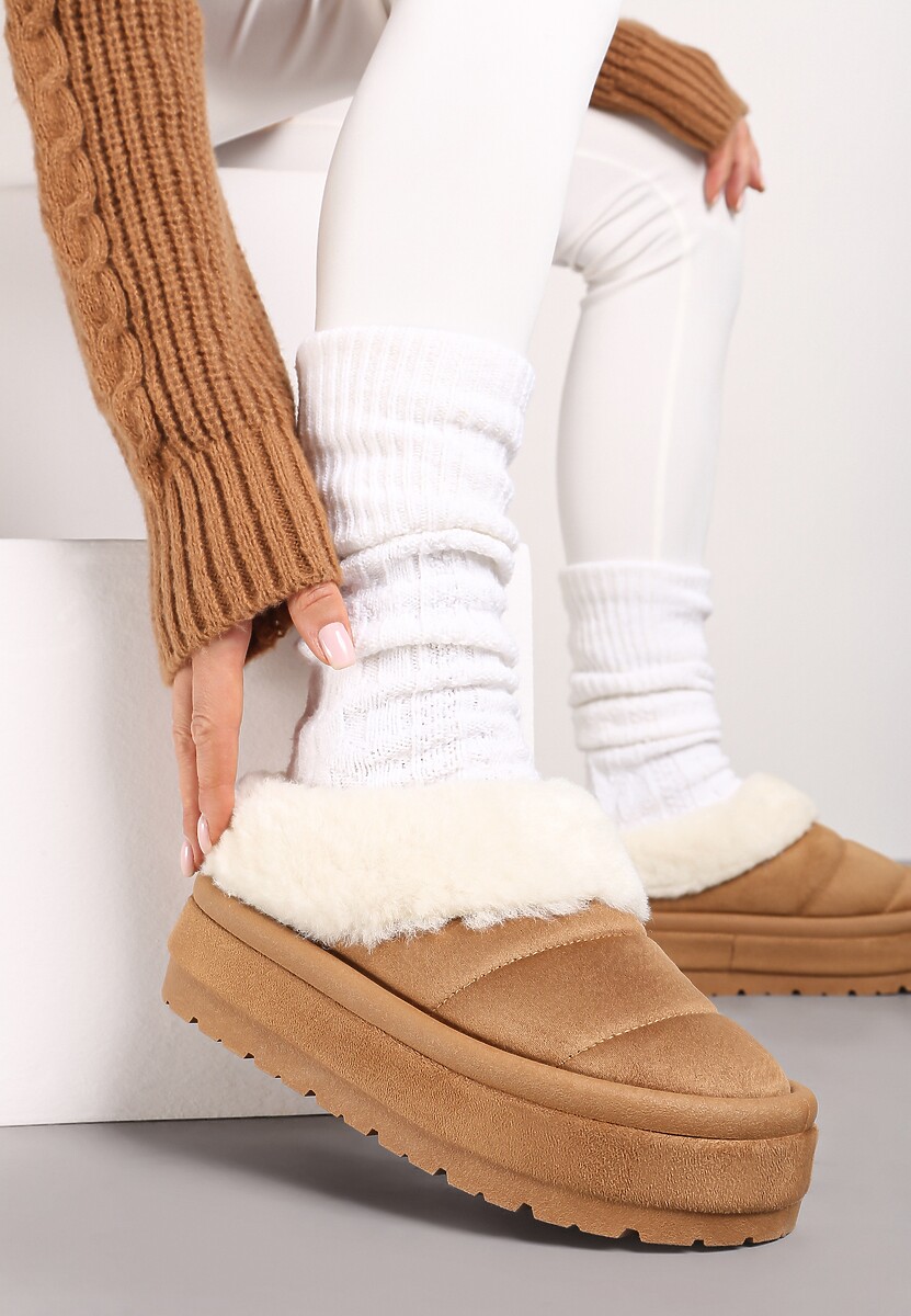 Jasnobrązowe Wsuwane Śniegowce na Platformie Ozdobione Futerkiem Sinthiana