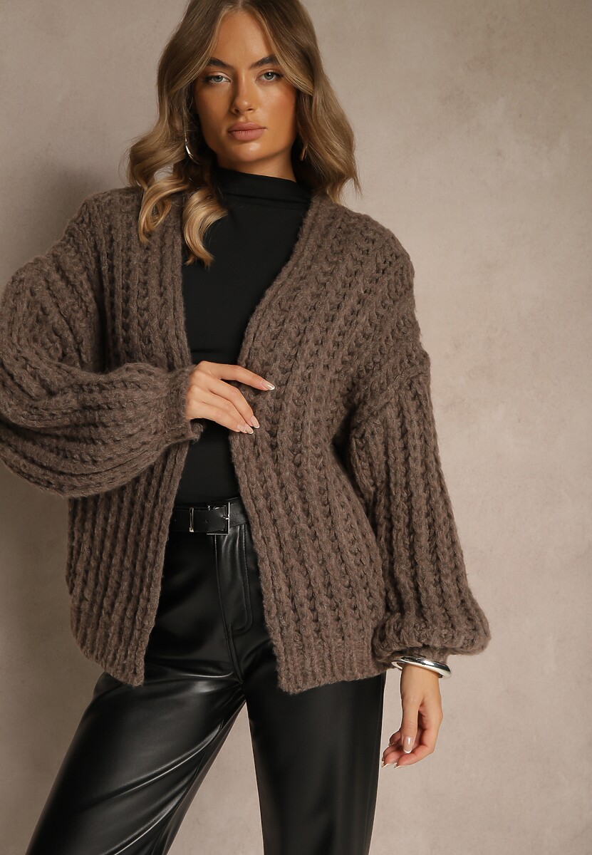 Brązowy Oversizowy Kardigan Bez Zapięć z Dodatkiem Wełny i Wiskozy Titanesa