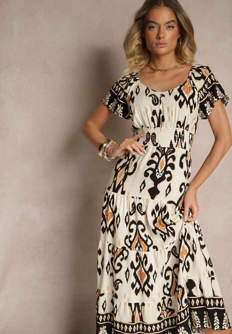 Jasnobeżowa Sukienka z Wiskozy Ozdobiona Geometrycznym Motywem Clevessa