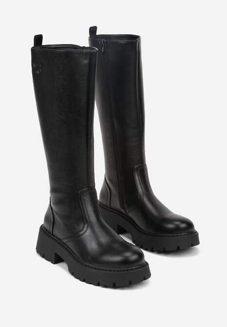 Czarne Kozaki VICES na Platformie z Tłoczonym Zdobieniem przy Cholewce Uniresa