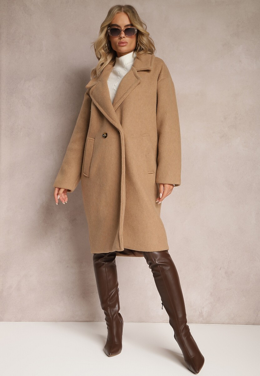 Brązowy  Dwurzędowy Płaszcz Oversize z Wełną Spolete