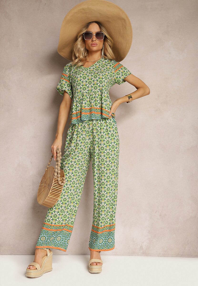Zielony Komplet z Wiskozy w Stylu Boho Bluzka z Krótkim Rękawem i Spodnie z Gumką w Pasie Valesia