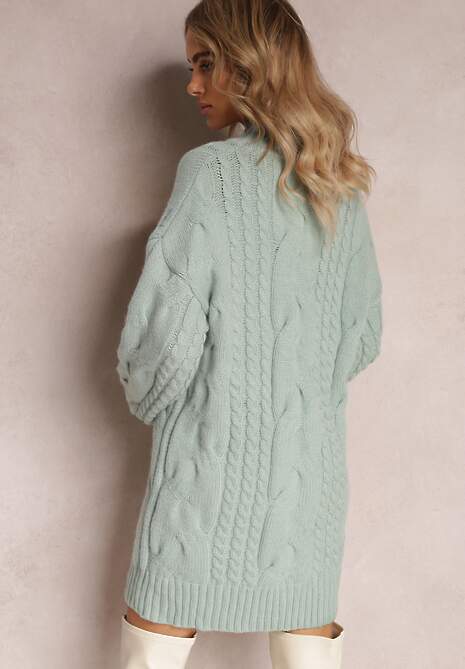 Jasnozielony Długi Sweter o Luźnym Kroju z Warkoczykowym Splotem Penerria