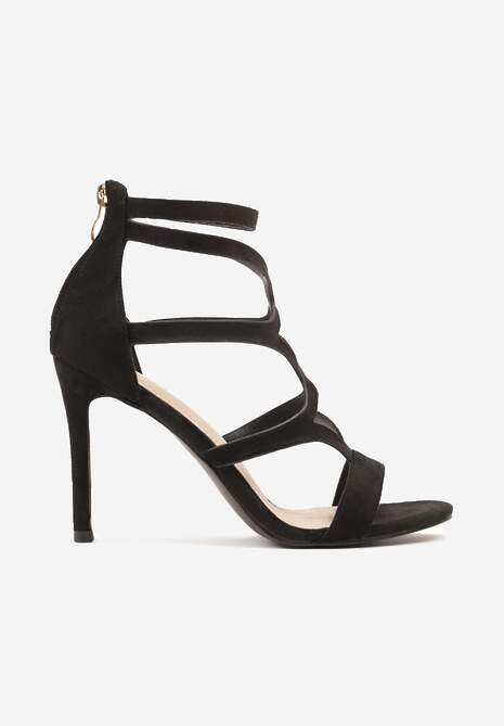Czarne Sandały Szpilki ze Skórzaną Wkładką i Ozdobnymi Paskami na Suwak Perseisa