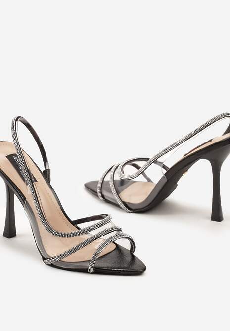 Czarne Transparentne Sandały na Cienkiej Szpilce Ozdobione Cyrkoniami Glarra