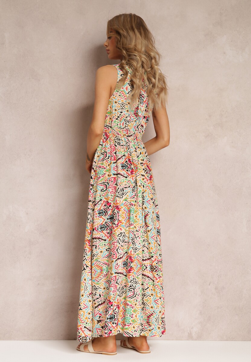 Beżowa Długa Sukienka Kopertowa Wiązana z Tyłu z Wiskozy Saolene