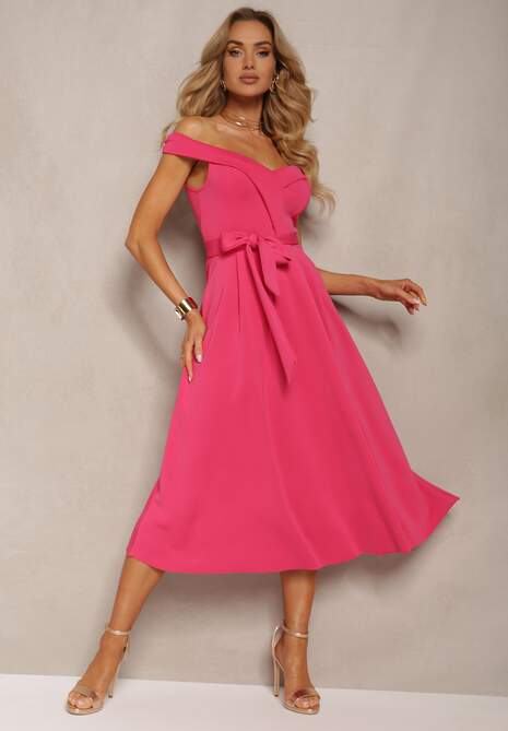 Fuksjowa Sukienka Wieczorowa Hiszpanka z Materiałowym Paskiem Yellia