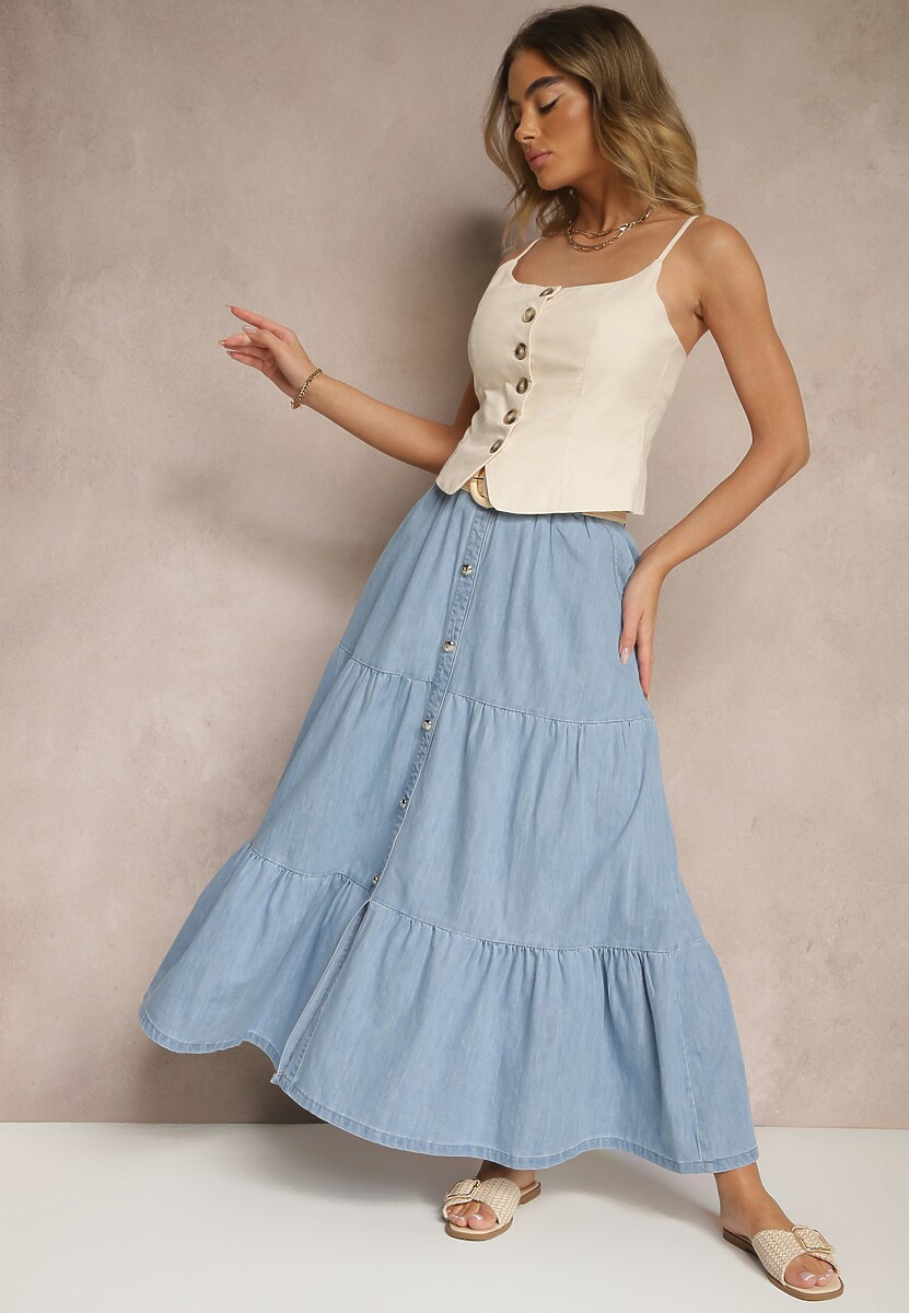 Jasnoniebieska Jeansowa Spódnica z Bawełny o Rozkloszowanym Kroju z Paskiem i Guziczkami Nattenira