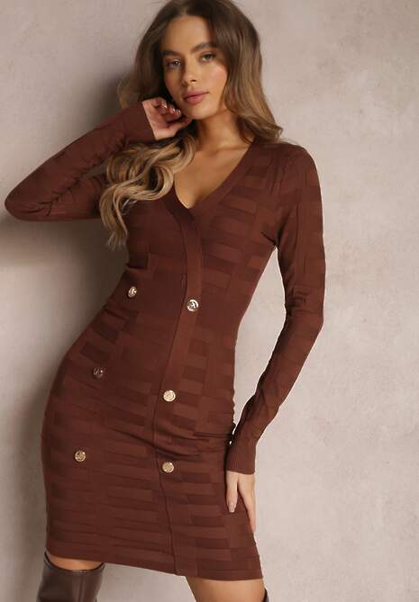 Brązowa Sukienka Dzianinowa z Napami Cits