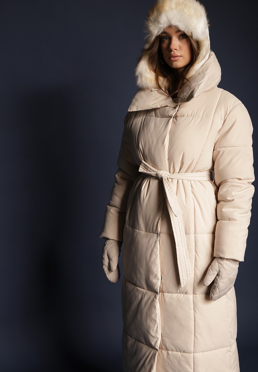 Jasnobeżowa Długa Kurtka Pikowana Płaszcz z Paskiem Adellesstta