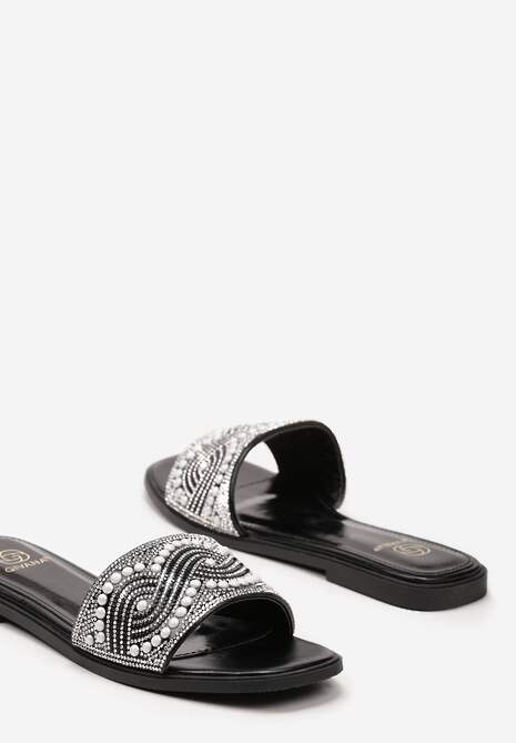 Czarne Płaskie Klapki w Stylu Boho z Cyrkoniami i Drobnymi Koralikami Hotari