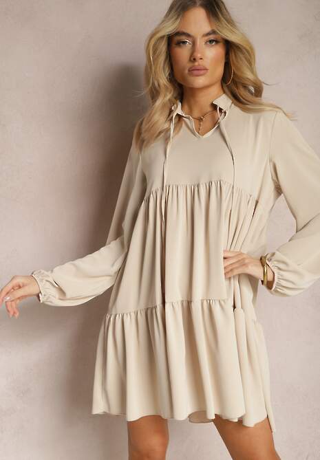 Beżowa Sukienka o Rozkloszowanym Fasonie z Falbanką i Okrągłym Dekoltem Vasaia