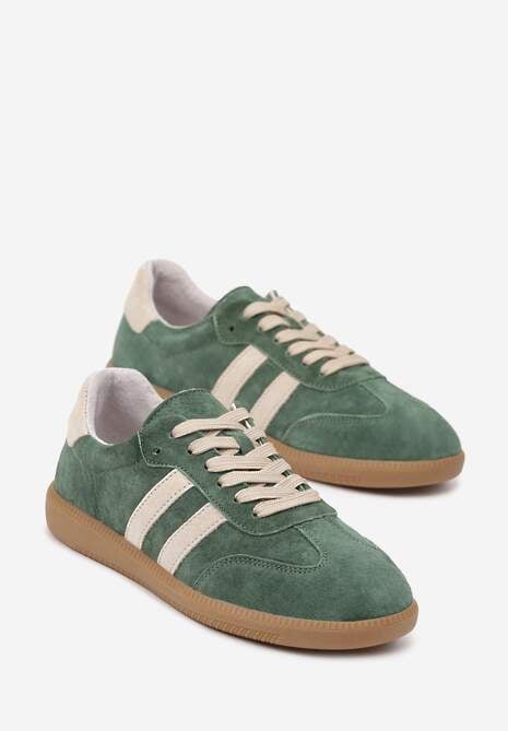Zielone Płaskie Sneakersy z Wkładką ze Skóry Naturalnej Ozdobione Paskami Neladria