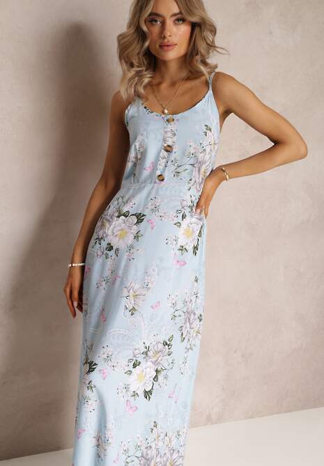 Jasnoniebieska Sukienka w Kwiaty na Ramiączkach Lydienne