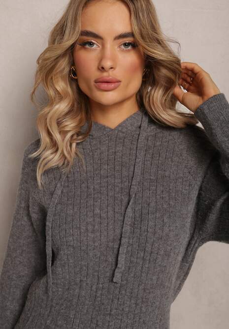 Ciemnoszara Wełniana Sukienka w Prążki z Kapturem Opiuda