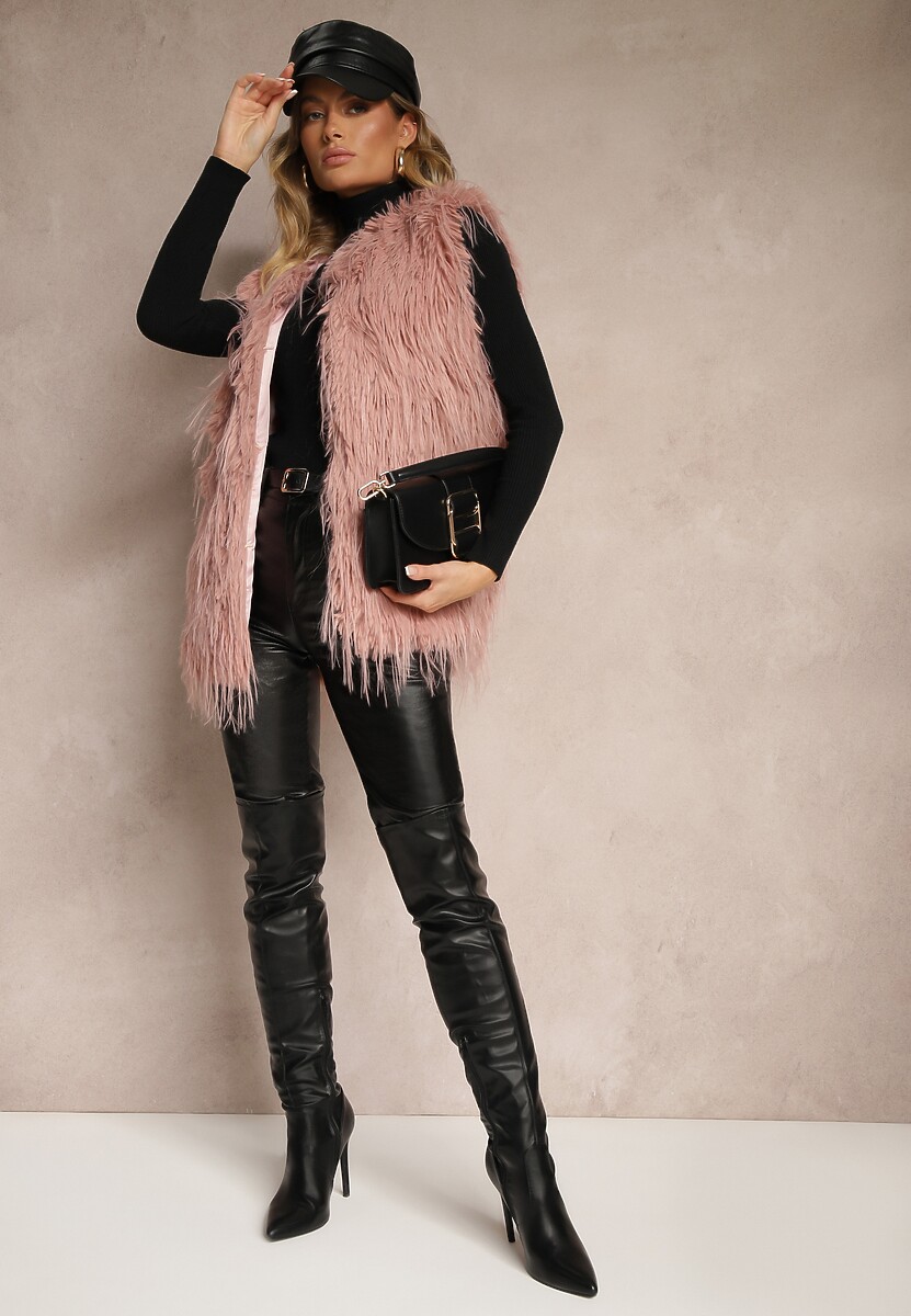 Ciemnoróżowa Futerkowa Kamizelka o Prostym Kroju z Kieszeniami Venialith