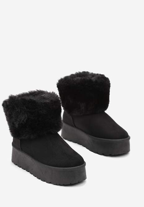 Czarne Śniegowce na Platformie z Ozdobnym Futerkiem Tiran