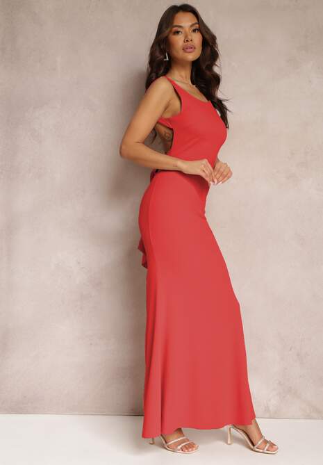 Czerwona Sukienka z Odkrytymi Plecami i Falbanką Euneta