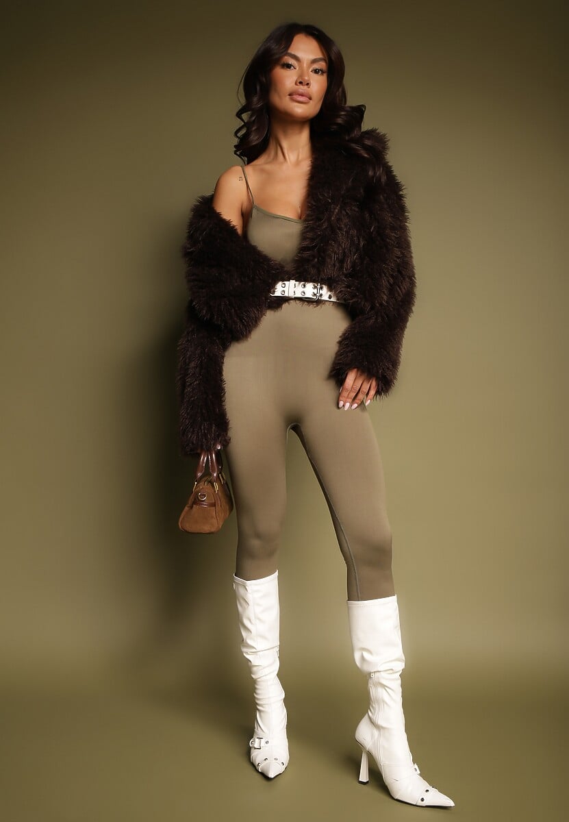 Brązowa Krótka Kurtka Futerko z Szerokim Kołnierzem Areti