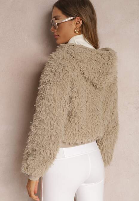 Beżowa Kurtka Wełniana z Kapturem Makil