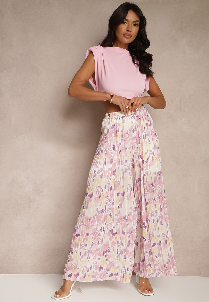 Czarno-Czerwone Spodnie High Waist Zdobione Plisami i Kwiatowym Printem Folamea