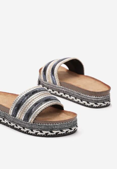 Czarne Klapki na Niskiej Platformie z Korkiem i Plecionką Iines