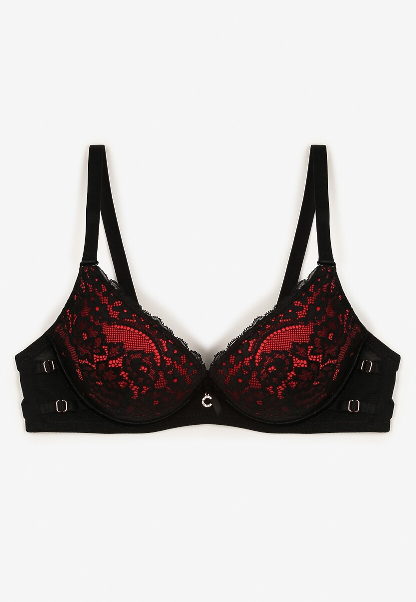 Czarno-Czerwony Biustonosz z Regulowanymi Ramiączkami Zapinany na Haftki Ozdobiony Koronką Zloella