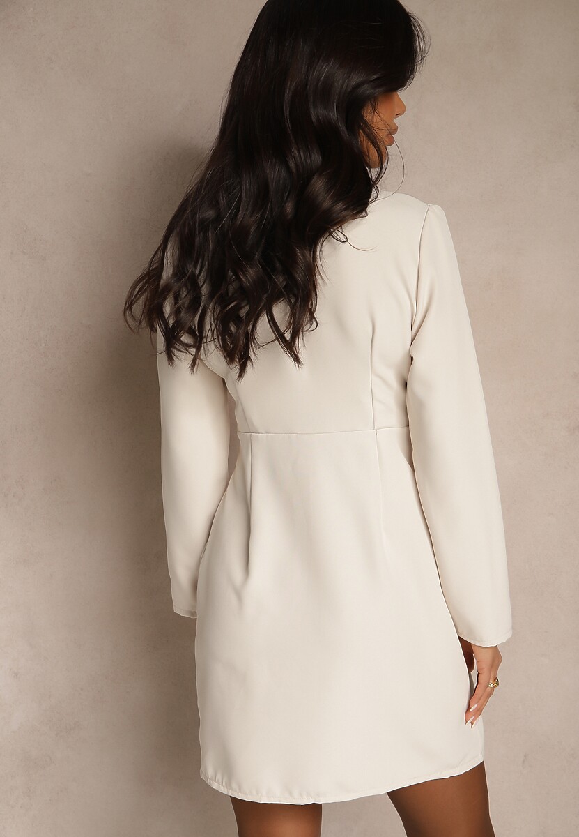 Beżowa Sukienka Mini w Stylu Marynarki z Długimi Rękawami Tansiwia