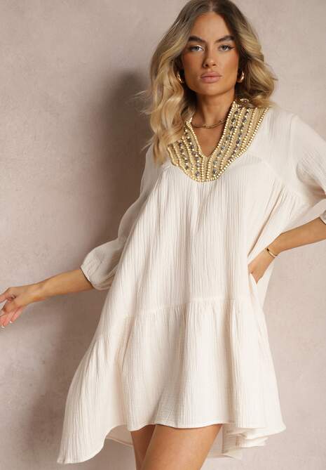 Beżowa Rozkloszowana Sukienka Mini Ozdobiona Plecionką Przy Dekolcie Rufta