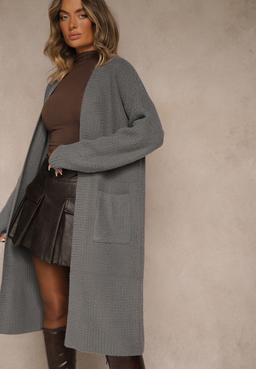 Szary Długi Kardigan Niezapinany z Bawełną Ferrive