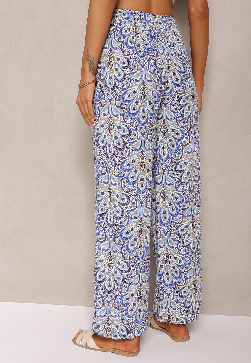 Niebieskie Boho Spodnie z Wiskozy High Waist z Szerokimi Nogawkami i Gumką w Pasie Walnena