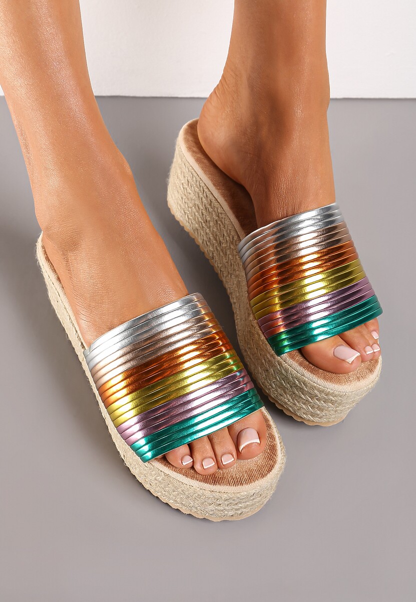 Beżowo-Zielone Klapki na Koturnie i Platformie z Plecionki z Paskiem z Ekoskóry Silphina