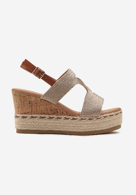 Szampańskie Sandały z Ozdobnym Paskiem na Koturnie Korkowym z Plecionką Dalarrna