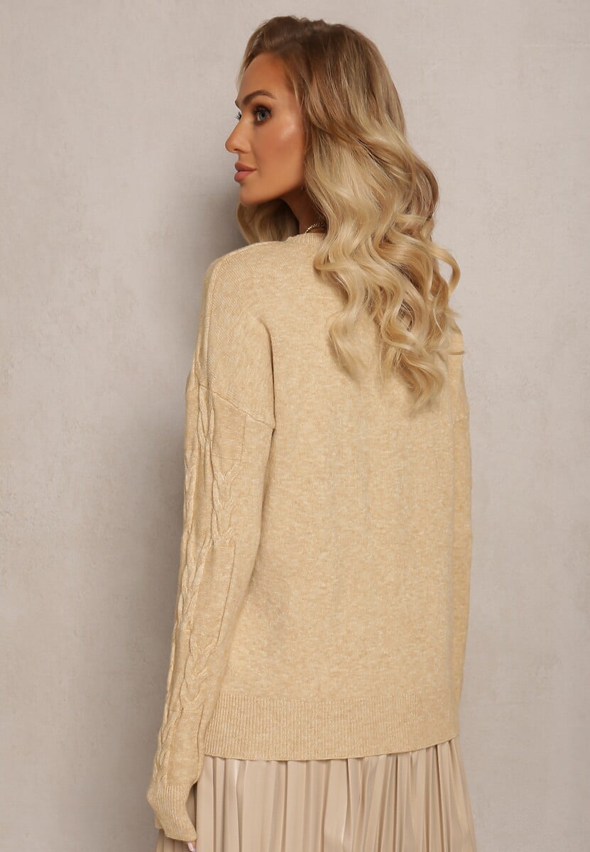 Beżowy Warkoczowy Sweter z Długim Rękawem i Ściągaczami Kaviss