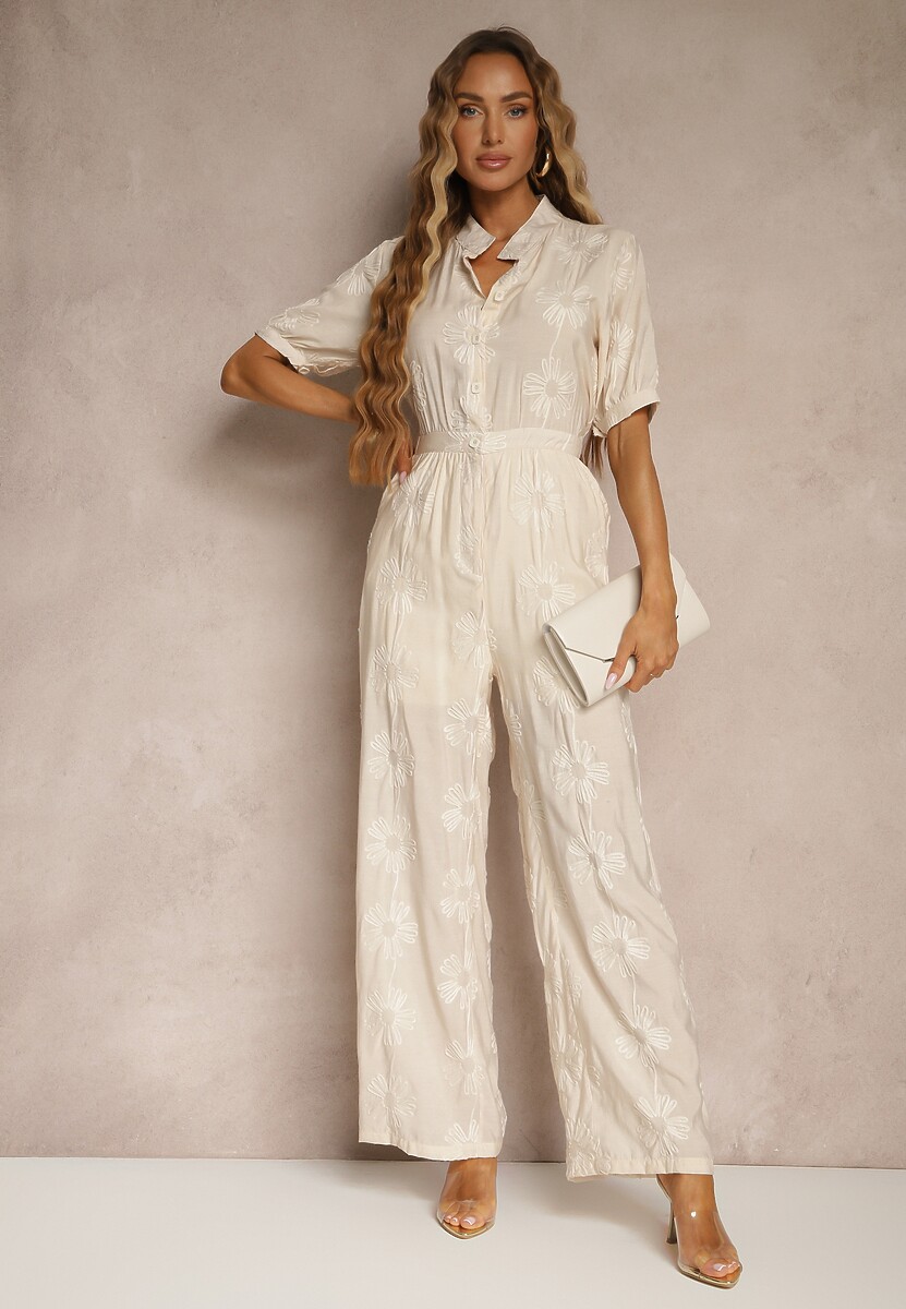 Beżowy Koszulowy Kombinezon z Wiskozy z Krótkim Rękawem i Wsuwanymi Kieszeniami Miliane