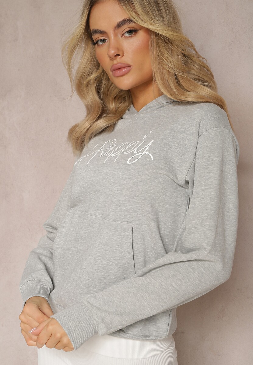 Szara Bluza z Ozdobnym Napisem i Kapturem Arseia