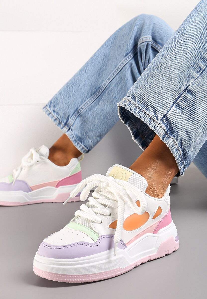 Biało-Fioletowe Sneakersy na Niskiej Platformie z Grubymi Sznurowadłami Vansyla