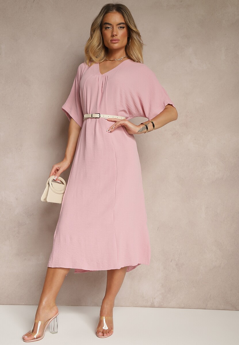 Różowa Pudełkowa Sukienka z Bawełną i Marszczeniem Teleriela