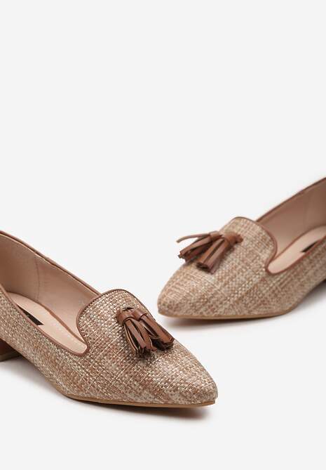 Brązowe Mokasyny Loafersy Ozdobione Frędzlami i Kolorową Plecionką Tiules