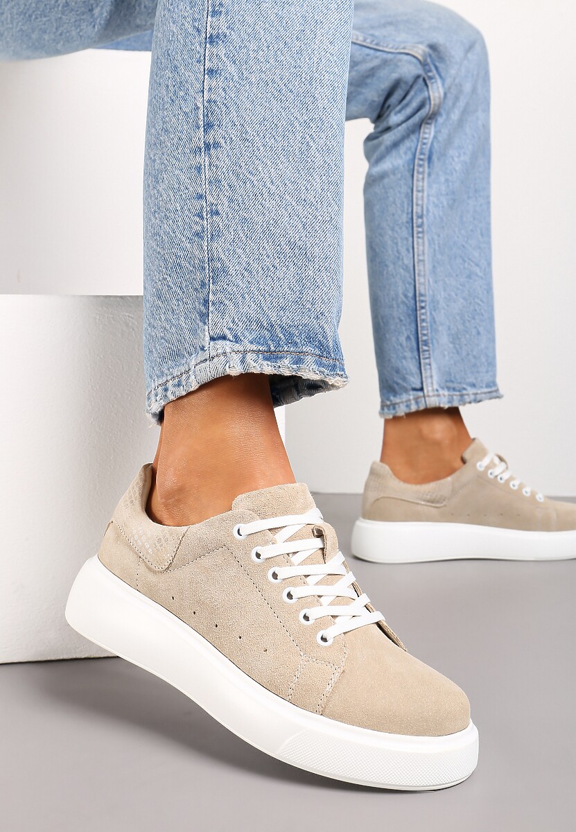 Beżowe Sneakersy z Ozdobnym Zapiętkiem Emicca