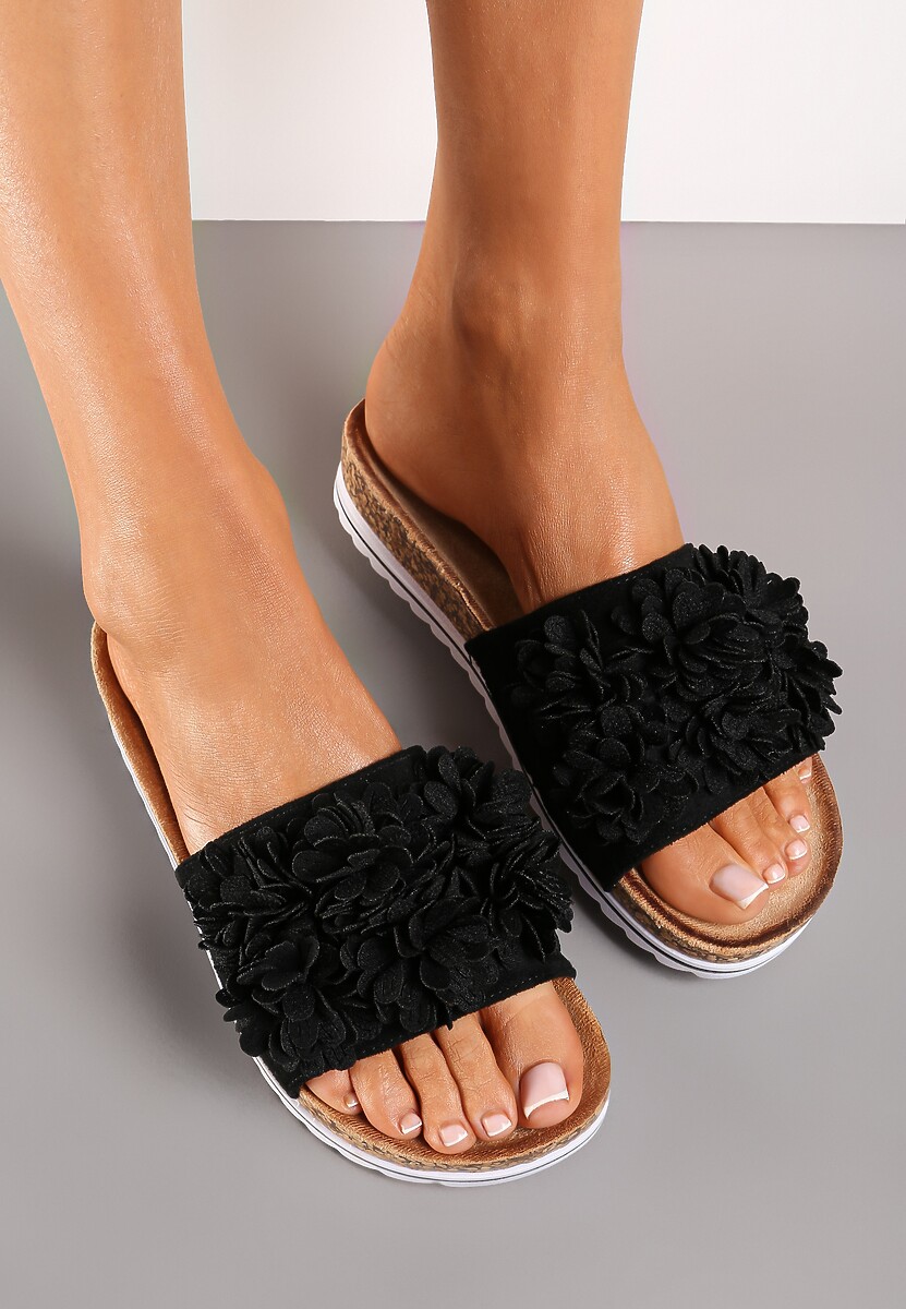 Czarne Klapki z Ekozamszu z Kwiatowym Zdobieniem Masenella
