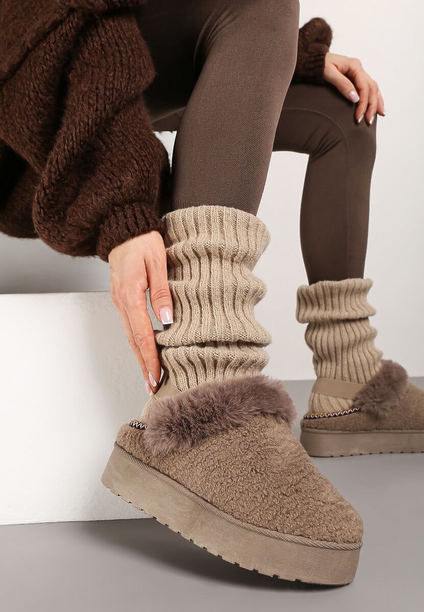 Ciemnobeżowe Futerkowe Śniegowce na Grubej Podeszwie z Gumką na Pięcie Sosena