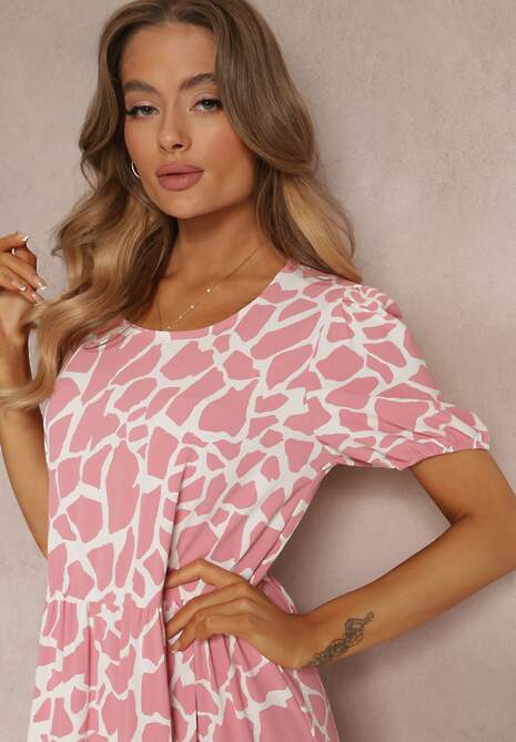 Różowa Sukienka Maxi z Krótkim Rękawem i Falbanką Hartleigh