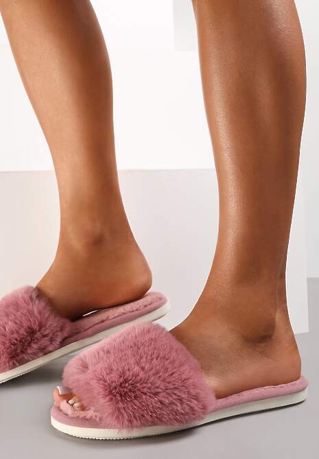 Różowe Kapcie Futrzane z Szerokim Paskiem Iphandras