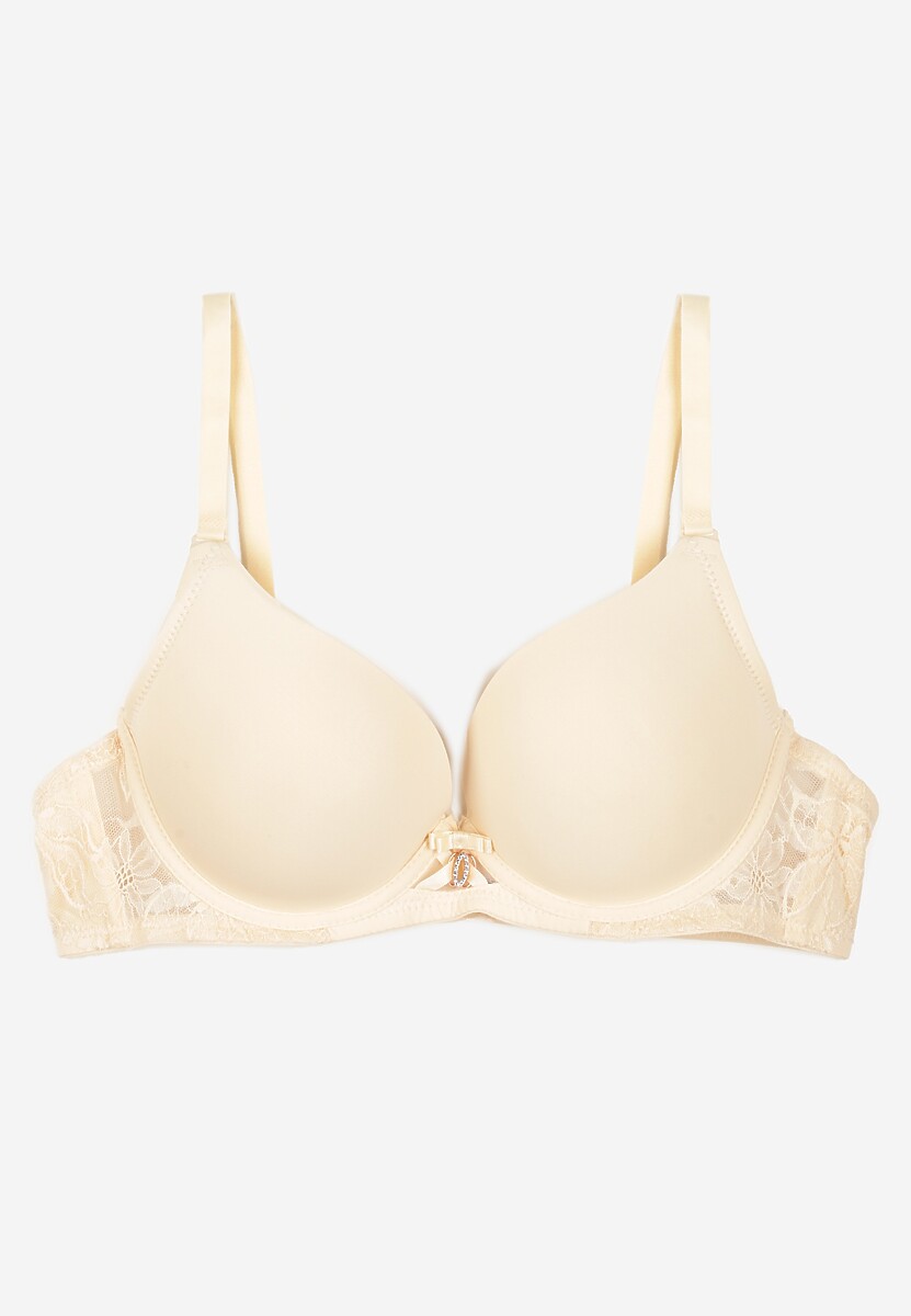 Beżowy Biustonosz z Efektem Push Up i Ozdobną Koronką Emithria