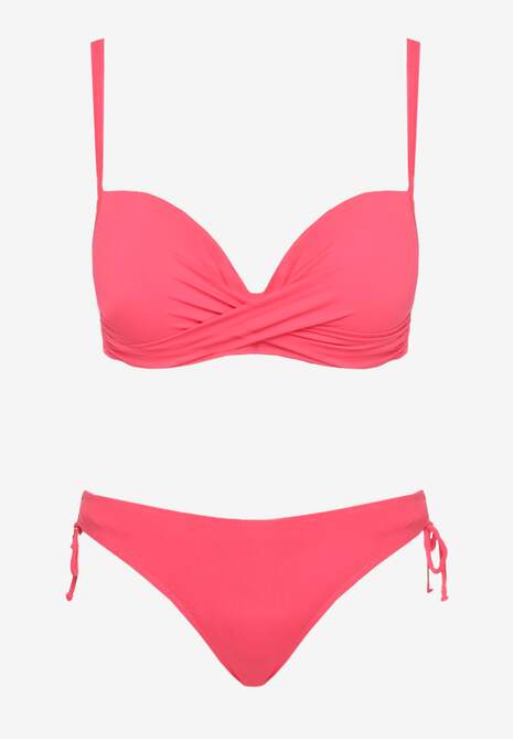 Różowe Bikini Biustonosz na Cienkich Ramiączkach z Regulacją i 2 Pary Majtek z Wiązaniem i Regulacją Pammarie